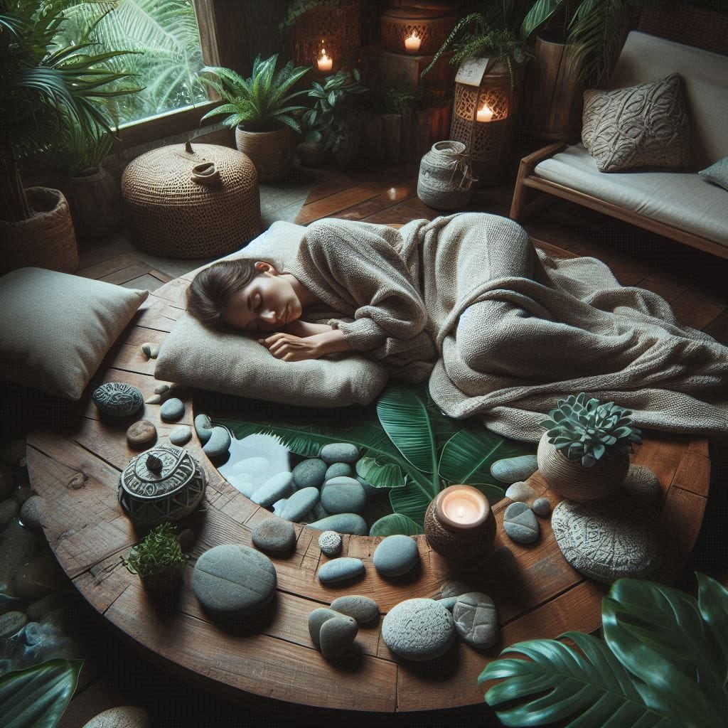 Image d'une femme dormant dans une pièce zen, entouré de plantes et de pierres, pour illustrer les singes de Terres et leurs sommeil.