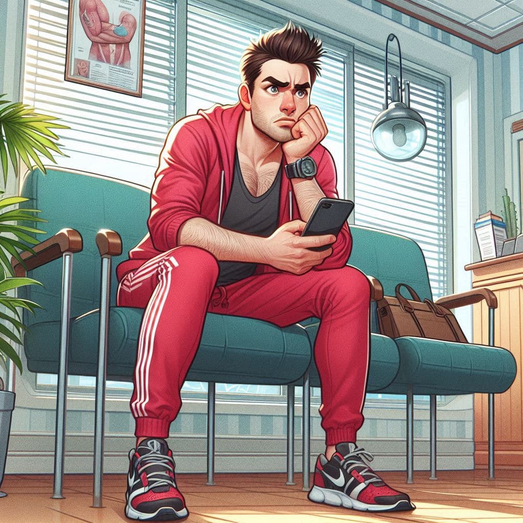 illustration d'un homme impatient dans une salle d'attente médical, représentant le signe du Bélier en mode drama medical