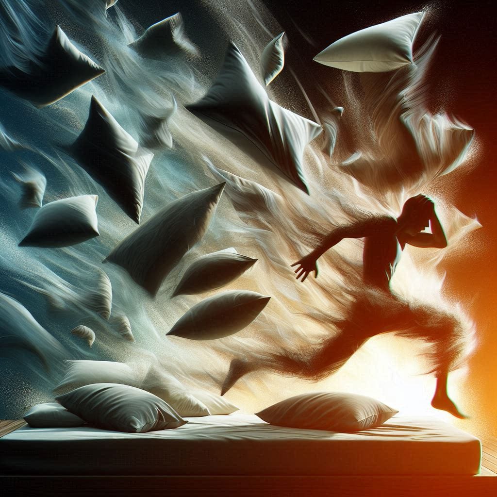 Image d'une personne agitée au dessus d'un lit, des coussins qui volent dans tous les sens, pour illustrer les signes de Feu et leurs sommeil.