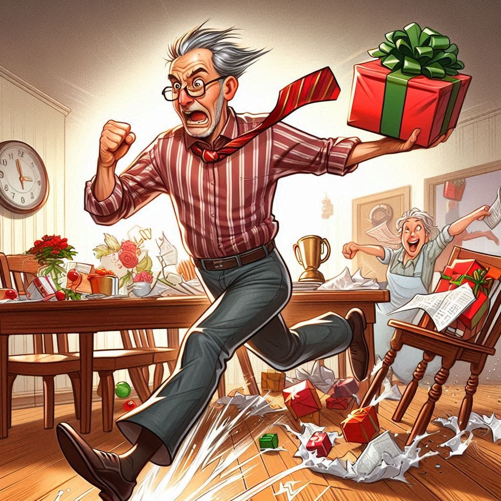 image d'un homme qui court en renversant table et chaise avec un cadeau dans les mains, pour illustrer le signe du Bélier en mode fête des mères