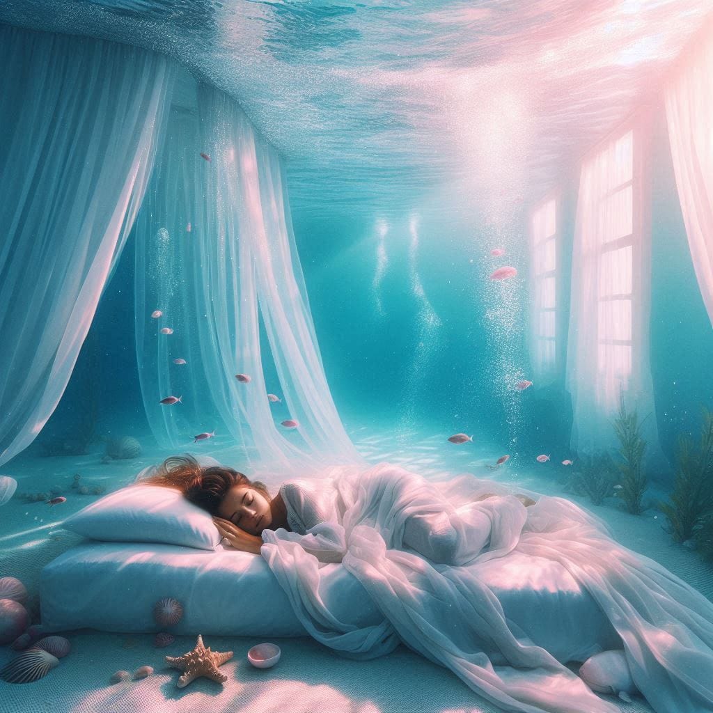 Image d'une personne dormant dans un environnement aquatique, ambiance douce et rêveuse, pour illustrer les signes d'Eau et leurs sommeil.