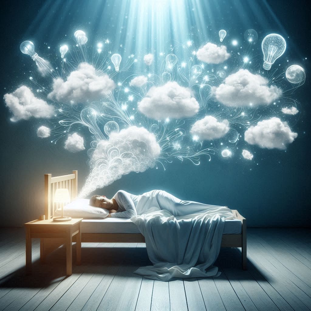 Image d'une personne dormant, avec des nuages de pensées au-dessus d'elle, pour illustrer les signes d'Air et leurs sommeil.