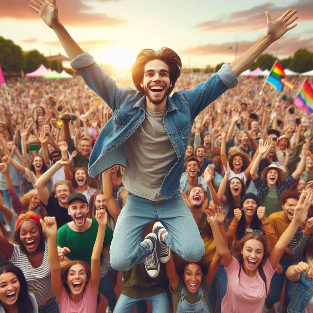 Image d'une personne sautant dans la foule, pour illustrer le signe du Bélier et sa façon de socialiser