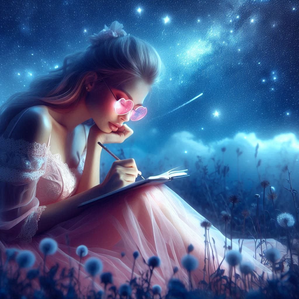 Femme rêveuse sous un ciel étoilé, lunettes roses sur le nez, symbolisant la conjonction des planètes Vénus et Neptune en Bélier