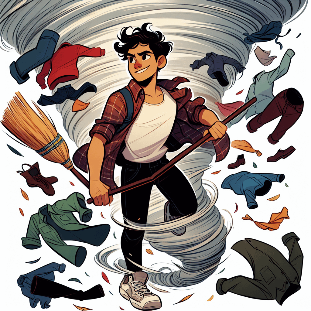 homme dans un tourbillon, balai à la main, vêtements partout pour symboliser le signe astrologique du bélier toujours à fond