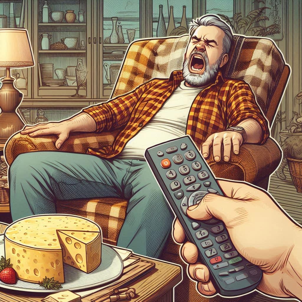 Homme dans son fauteuil avec un plateau de fromage pour illustrer le père Taureau