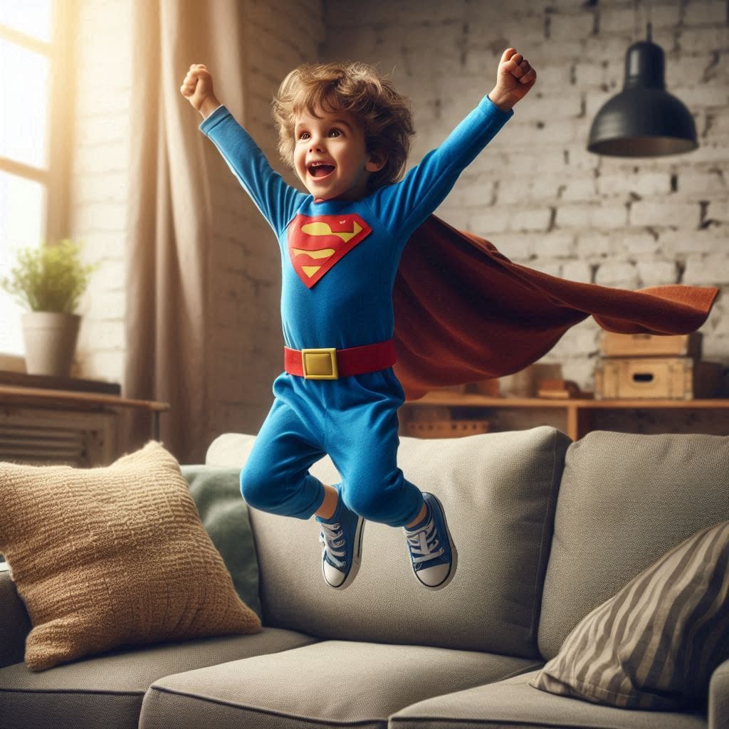 Enfant déguisé en super-héros, qui saute sur le canapé, pour symboliser le signe du Bélier