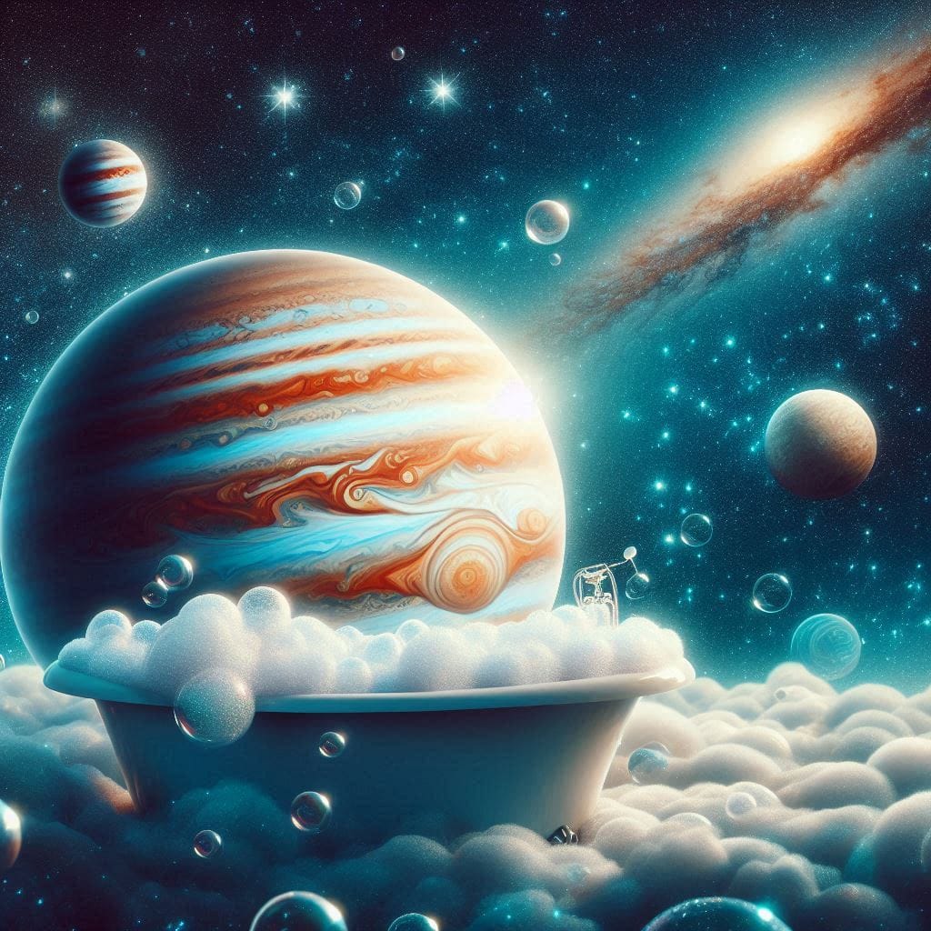 Jupiter dans un bain moussant, fond cosmique, symbolisant Jupiter qui entre en Cancer
