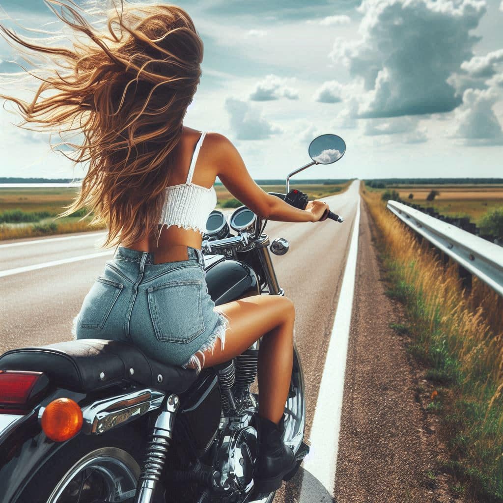 Femme à moto, cheveux aux vents, ambiance été