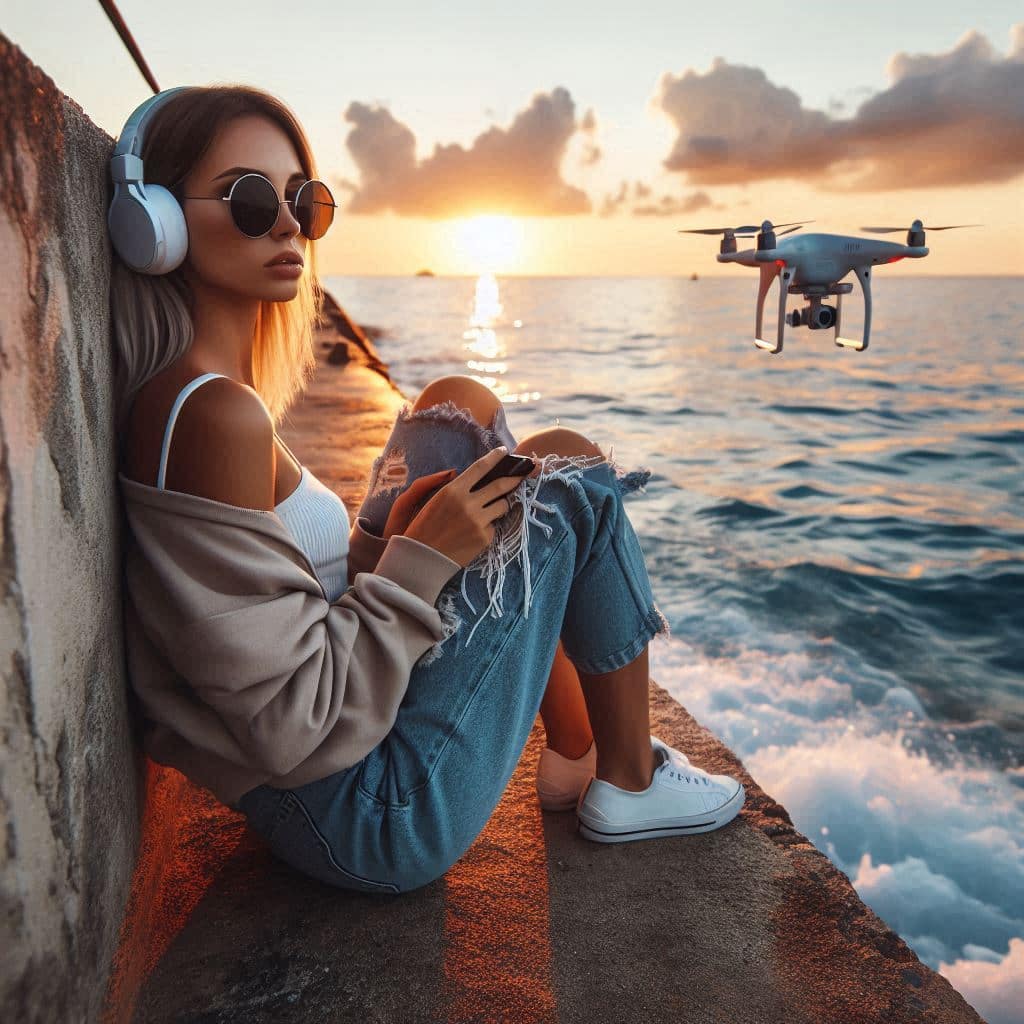 Femme assise sur un muret au bord de la mer, casque audio sur la tête, pilotant un drone