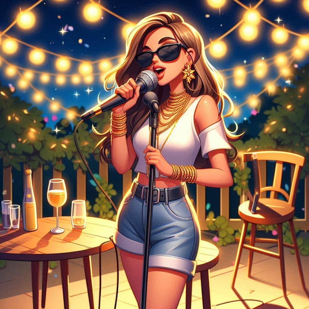 Une femme sur scène, micro en main, pour illustrer le signe du Lion face aux invitations