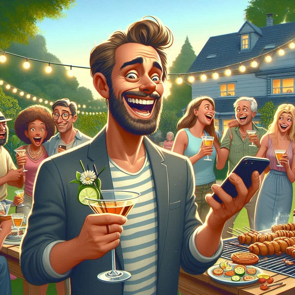 Un homme cocktail et téléphone à la main pour illustrer le signe du Gémeau face aux invitations