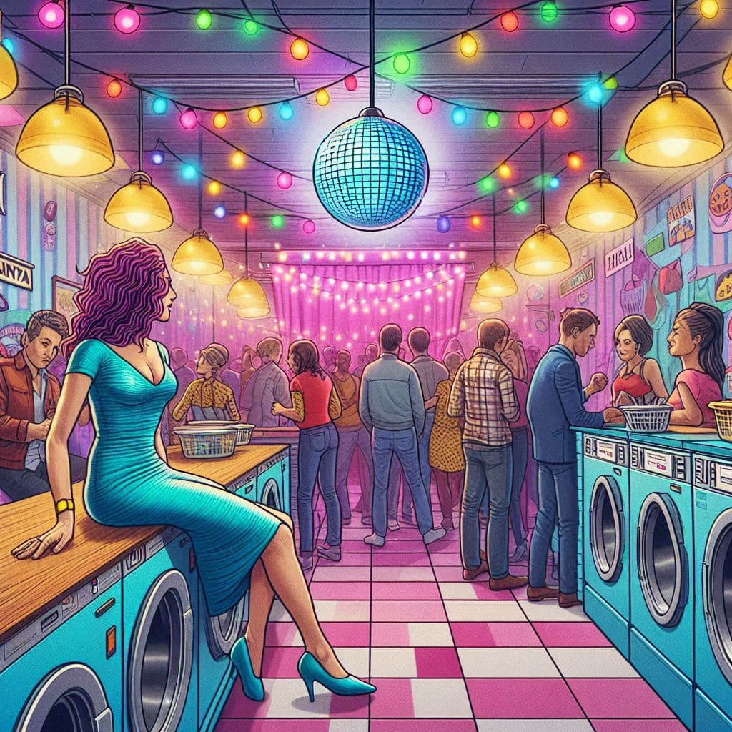 Une femme dans une fête qui a lieu dans une laverie, pour illustrer le signe du Verseau face aux invitations