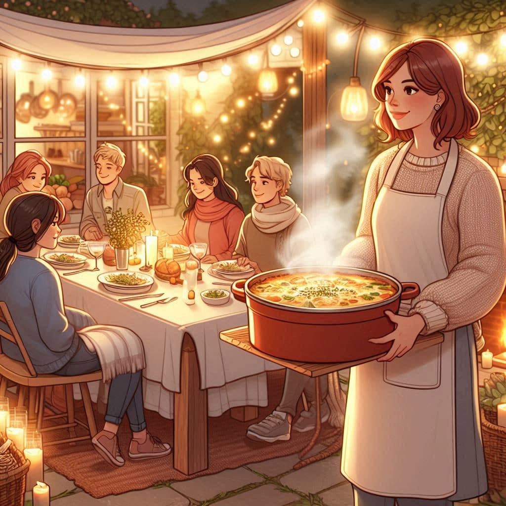 Une femme apportant un plat maison à table lors d'une soirée entre amis, pour illustrer le signe du Cancer