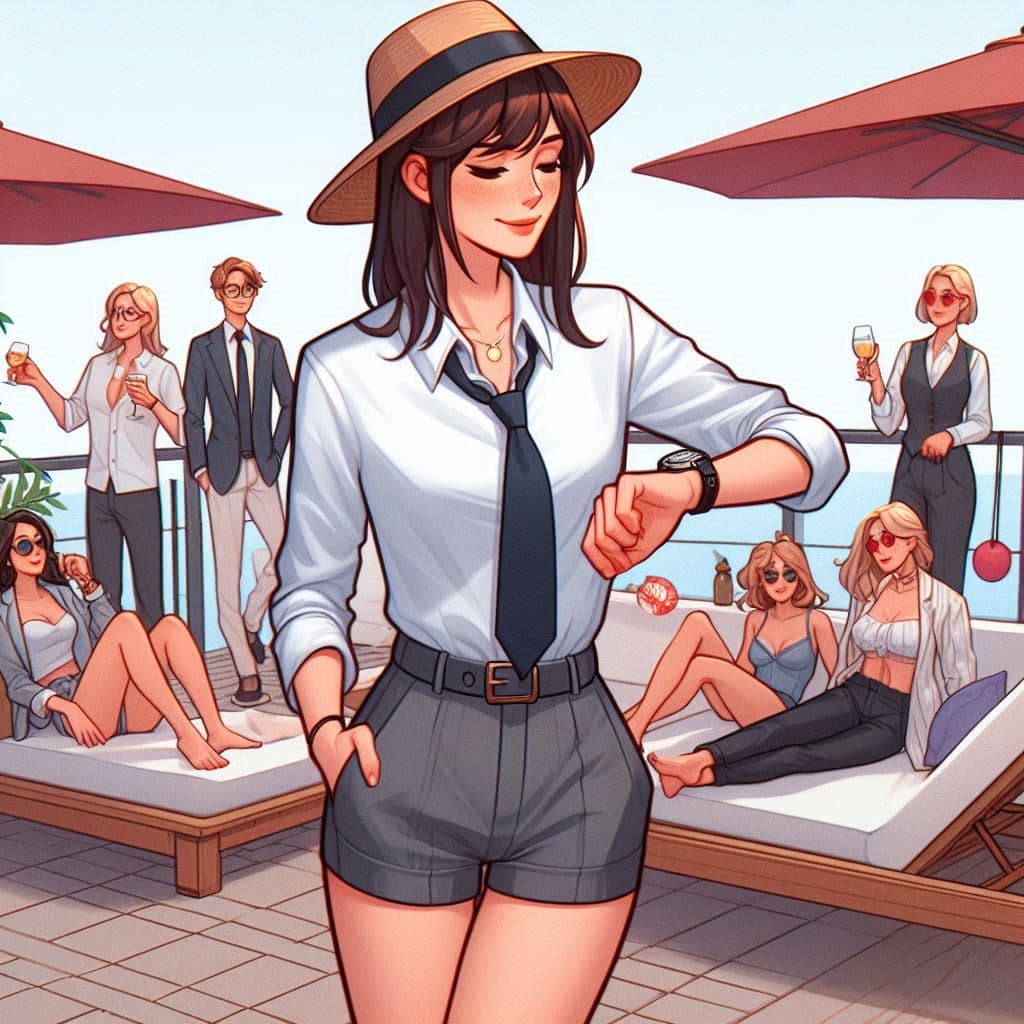 Une femme vêtu d'un short et une chemise regardant sa montrer pendant une fête, pour illustrer le signe du Capricorne