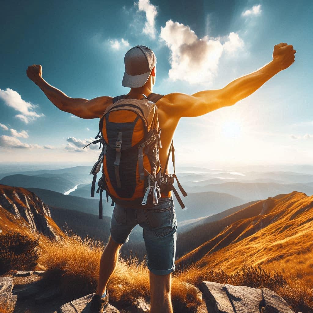 Un homme en randonnée au sommet d'une montagne, bras levé