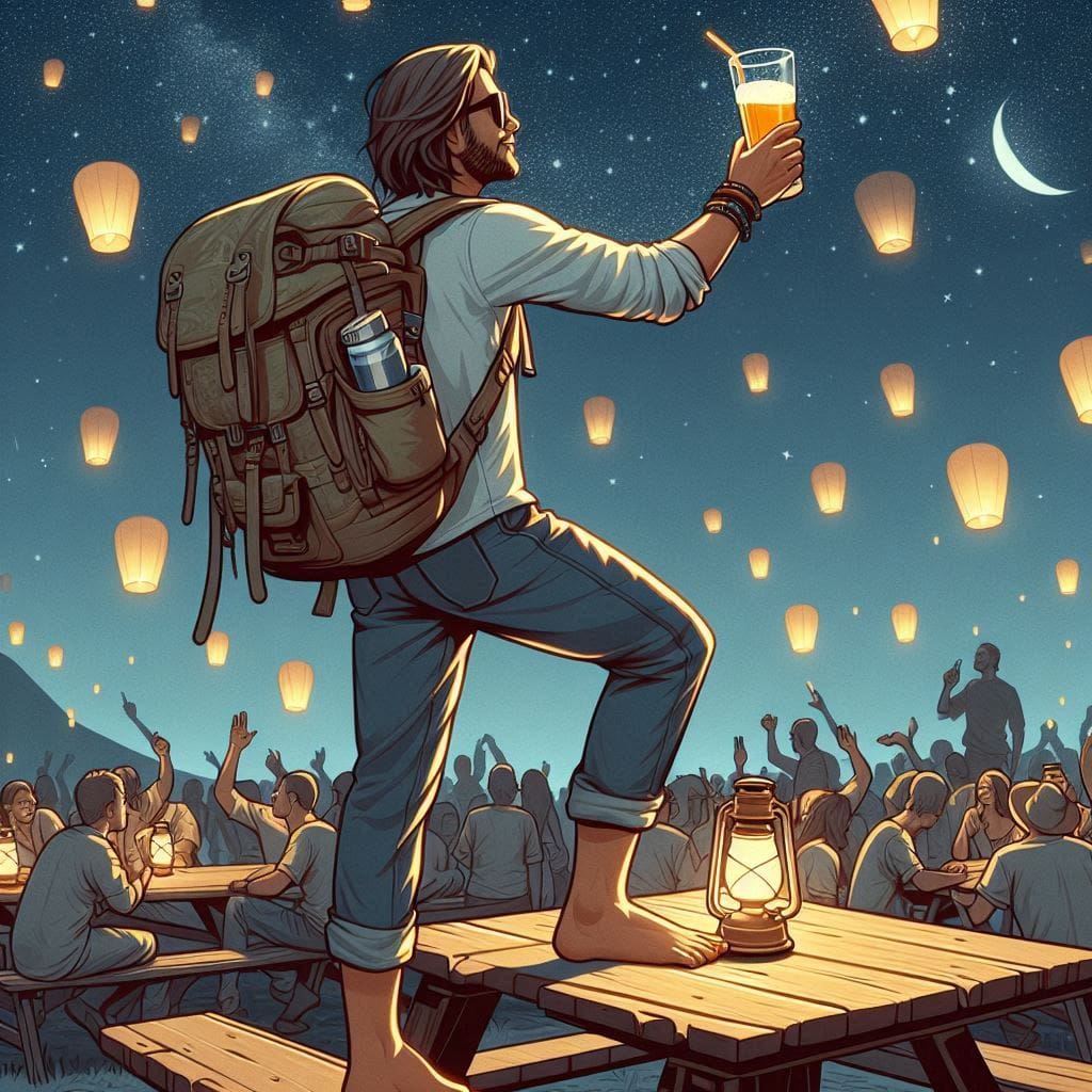 Un homme debout sur une table de pique nique, bière à la main et sac sur le dos pour illustrer le signe du Sagittaire