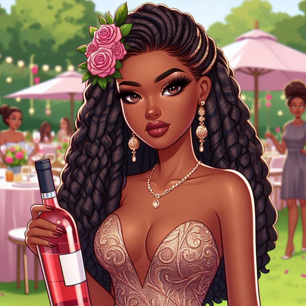 Une femme dans une robe splendide, bouteille de vin en main, pour illustrer le signe de la Balance face aux invitations