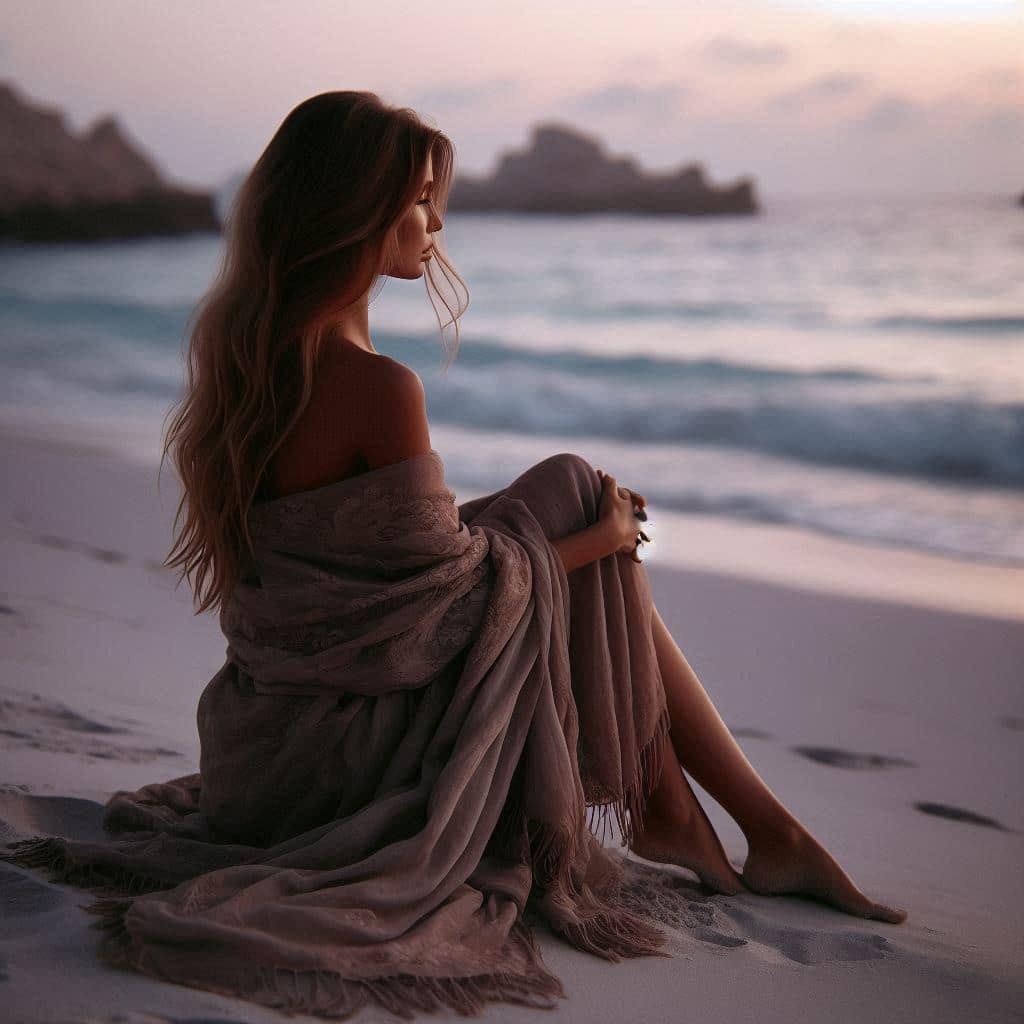 Femme assise sur une plage à la tombée de la nuit, regard rêveur vers l'horizon