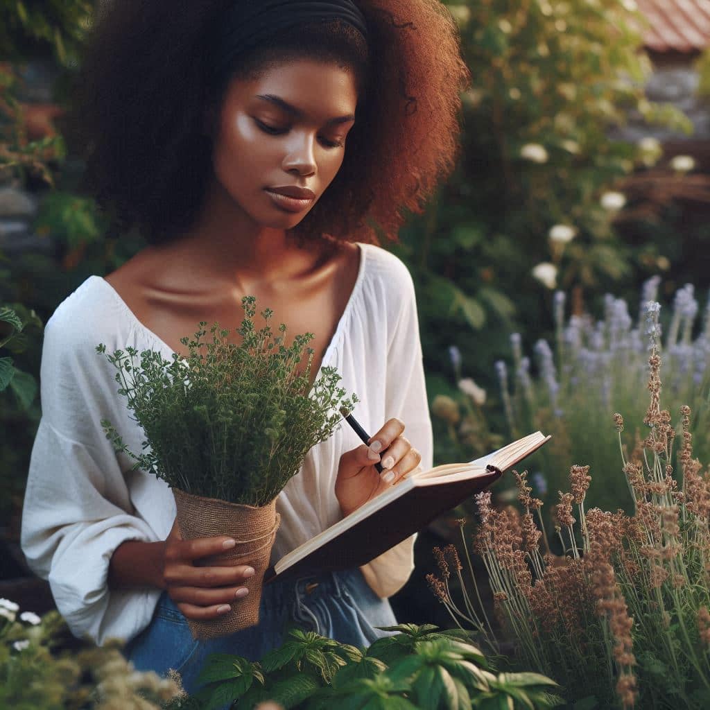 Femme cueillant des herbes en prenant des notes sur un carnet