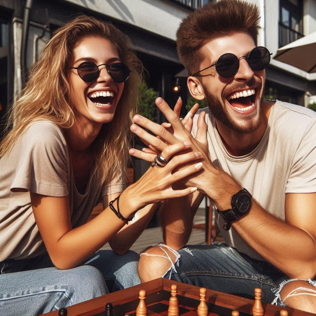 Un couple sur une terrasse en train de rire