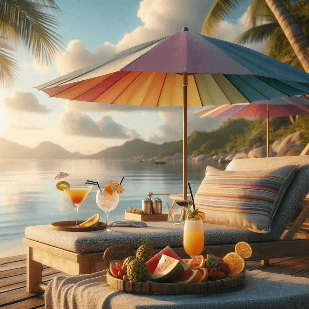 Carte postale représentant le signe du Taureau. Un transat en bord de mer, un plateau de fruits et cocktails.