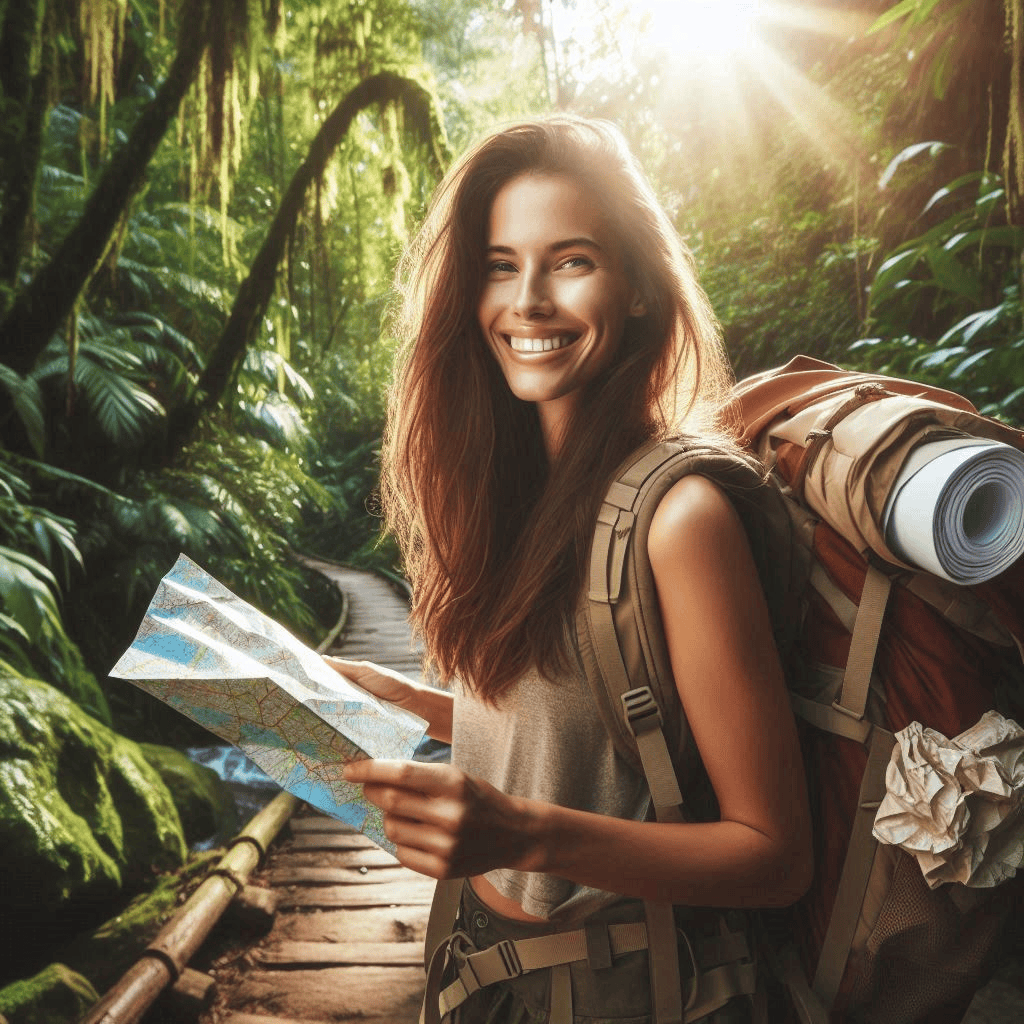 Carte postal représentant le signe du Sagittaire. Une femme en randonnée dans la jungle