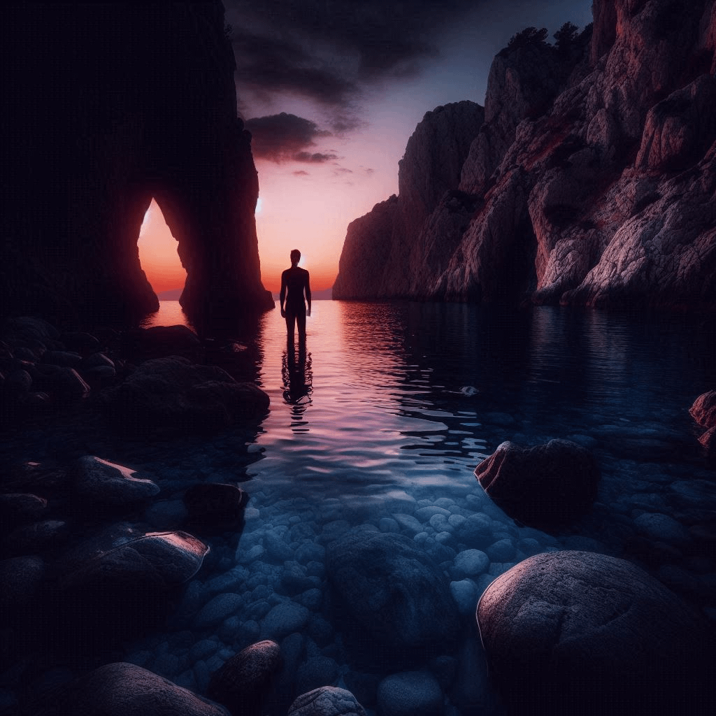 Une silhouette dans une crique déserte. Représentant le signe du Scorpion en vacances