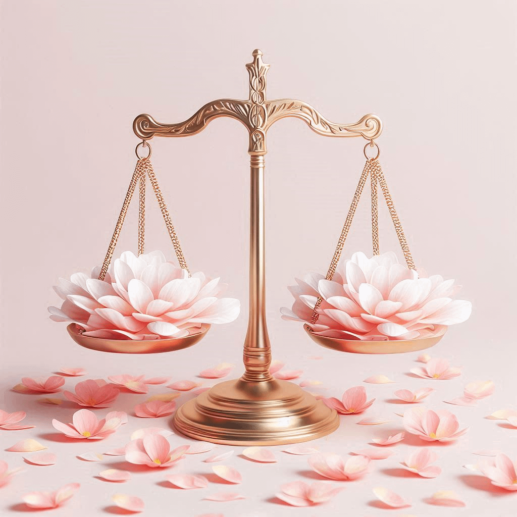 Une balance avec des pétales de fleurs, symbolisant le défi personnel de la Balance