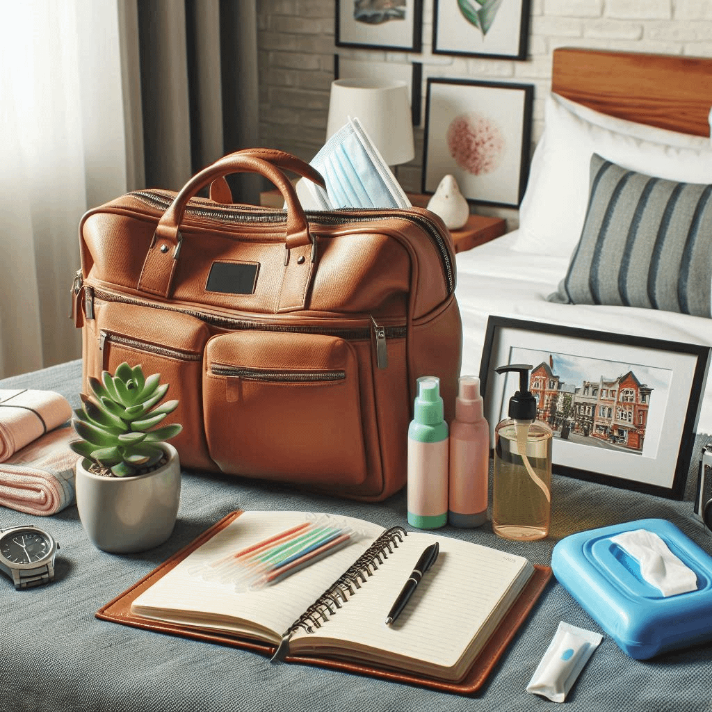 Un sac, un carnet et produit nettoyant posées dans une chambre d'hôtel, représentant le signe de la Vierge en vacances