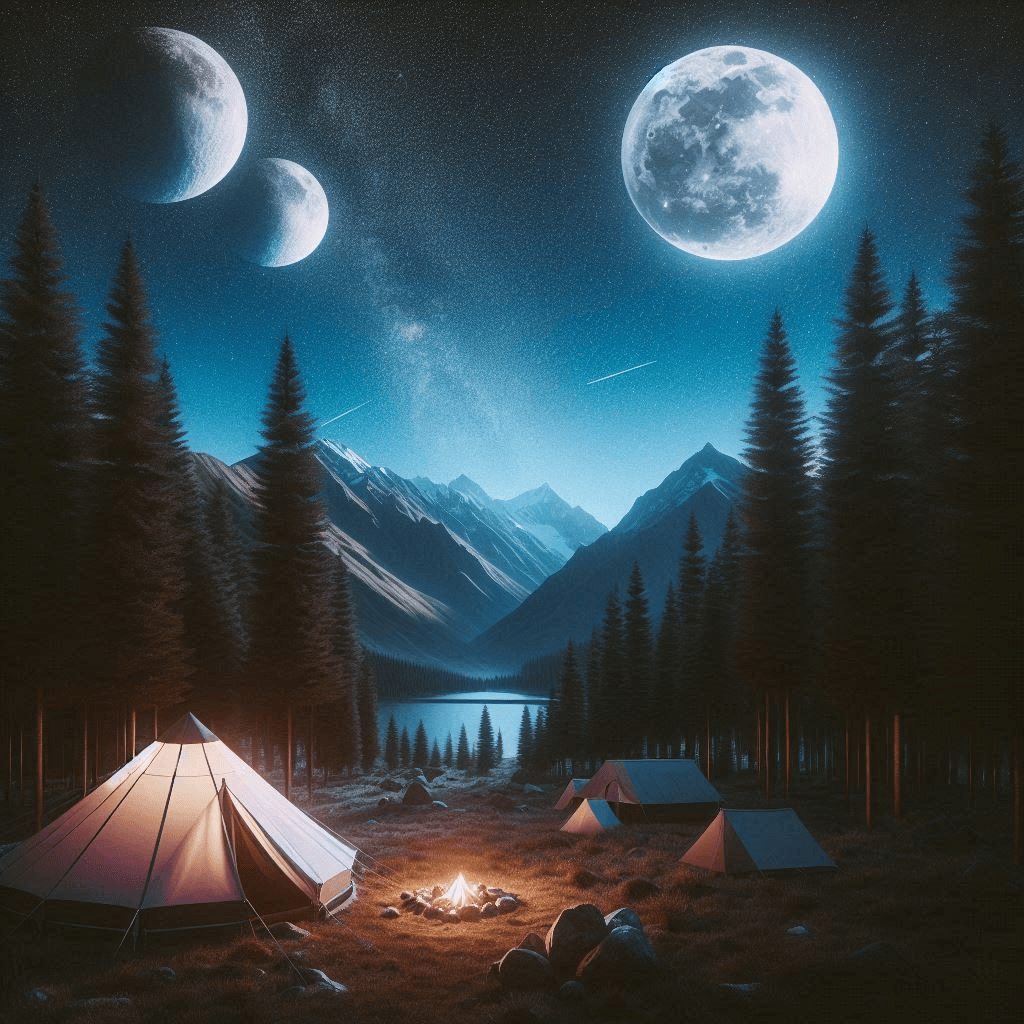 Carte postale représentant le signe du Verseau. Un campement en pleine nature de nuit.