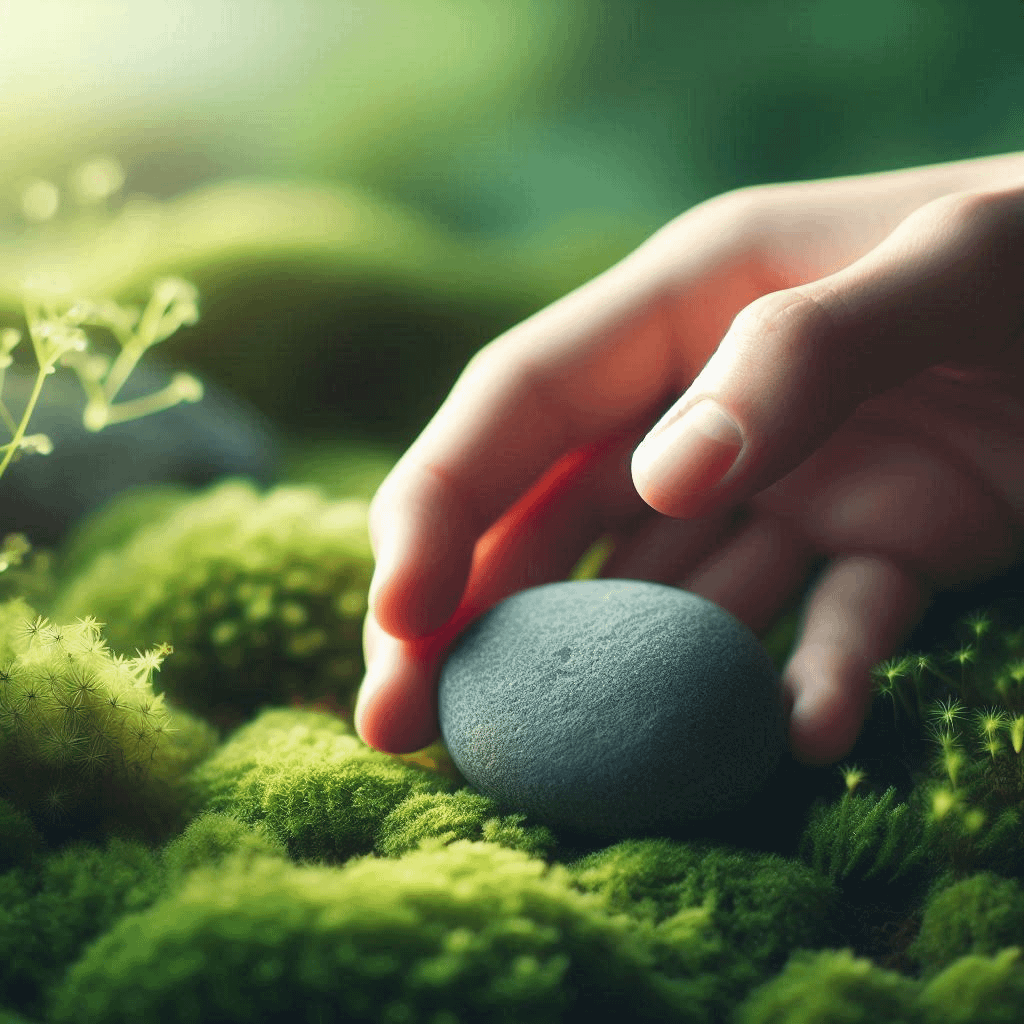 Une main déposant une pierre sur de la mousse, symbolisant le défi personnel du Taureau