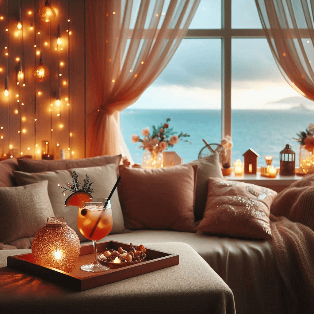 Carte postale représentant le signe du Cancer. Une chambre d'hôtel cocooning avec vue sur la mer.