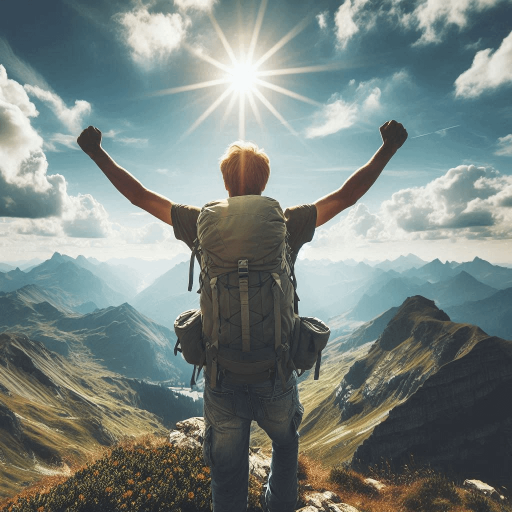 Carte postale représentant le signe du Bélier. Un randonneur en haut d'une montagne bras levé.
