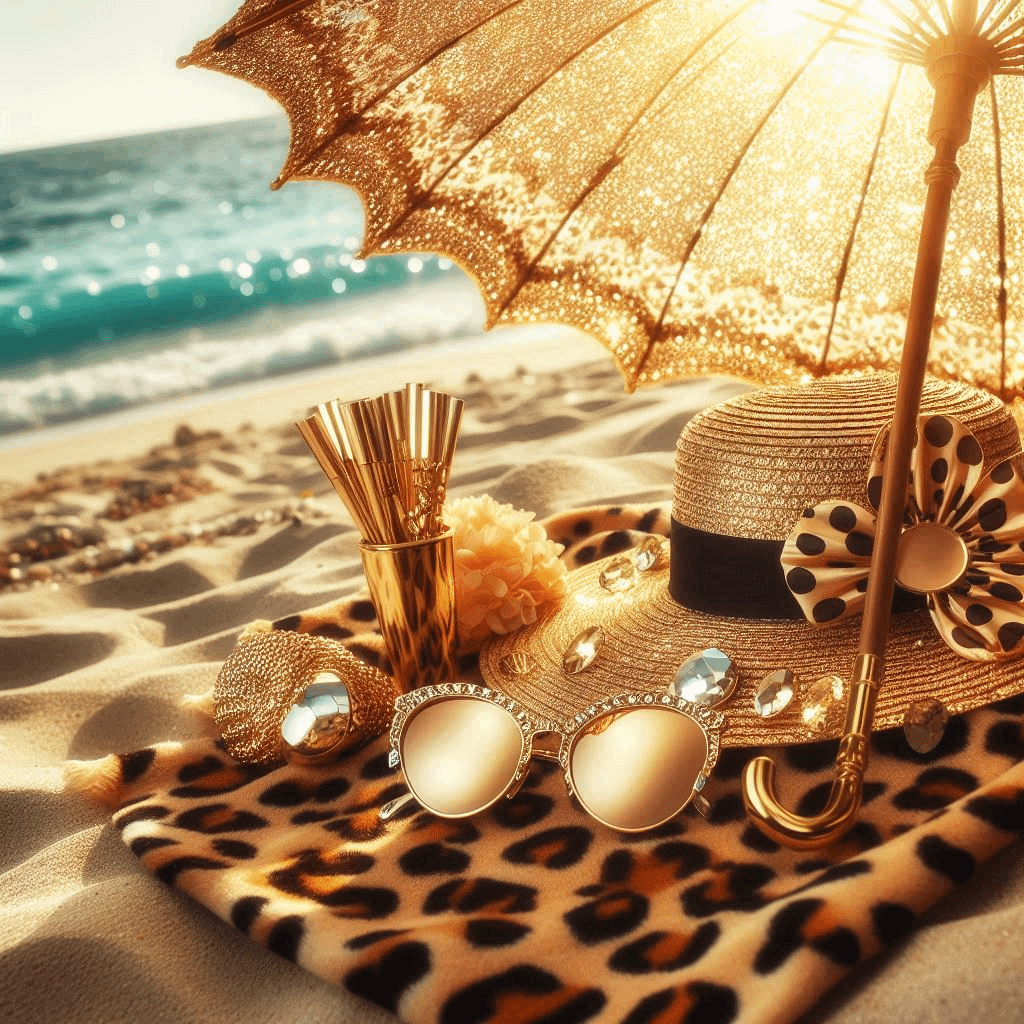 Carte postale représentant le signe du Lion. Une serviette léopard, un parasol, des lunettes de soleil sur une plage.