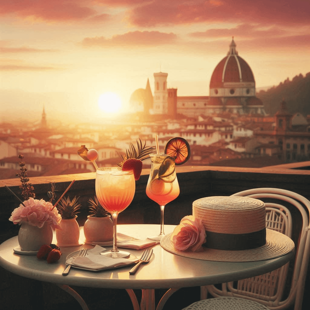 Carte postale représentant le signe de la Balance. Table de terrasse vue sur la ville au coucher de soleil