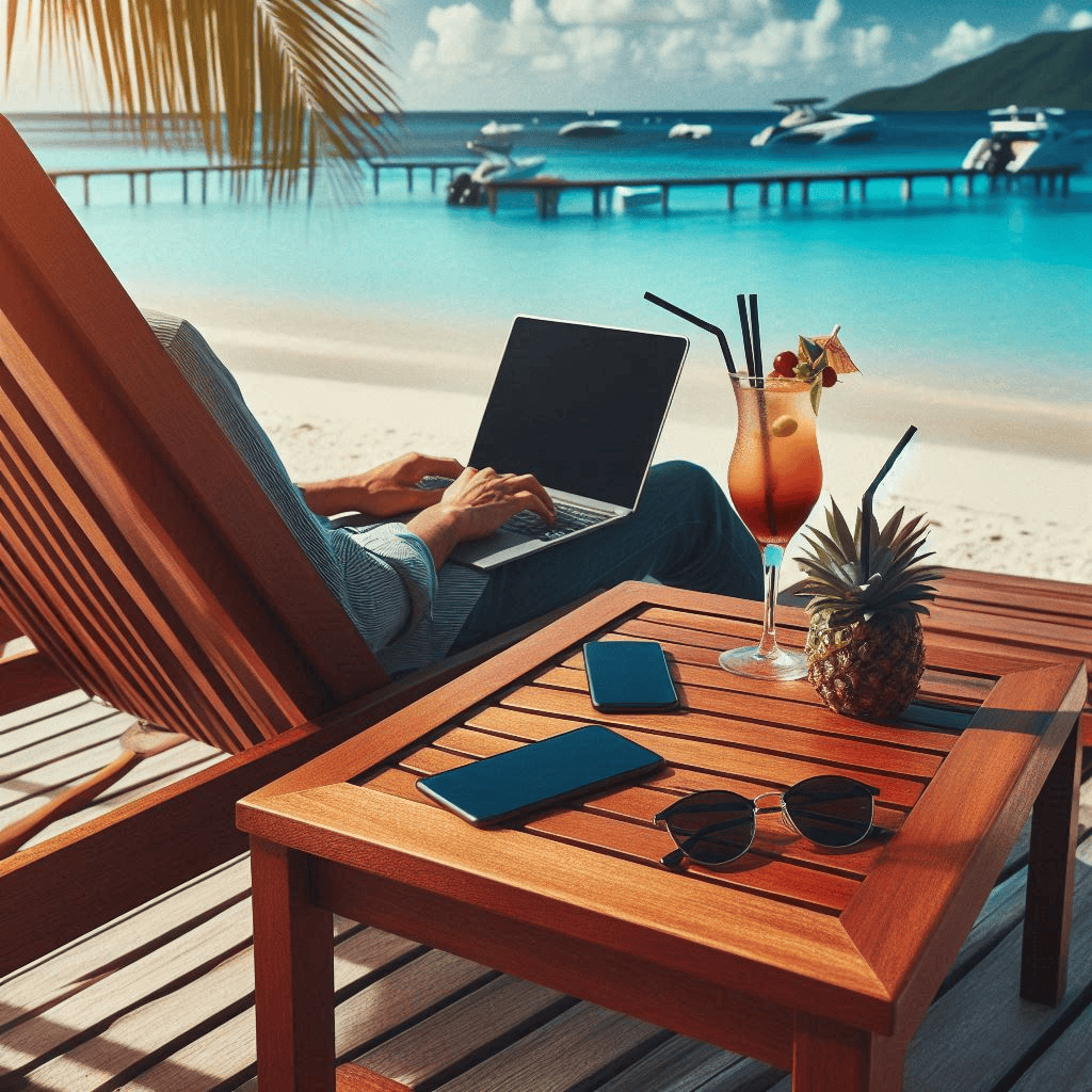 Une personne sur un transat vue mer, avec un ordi sur les genoux, cocktail sur la table. Représentant le signe du Capricorne en vacances