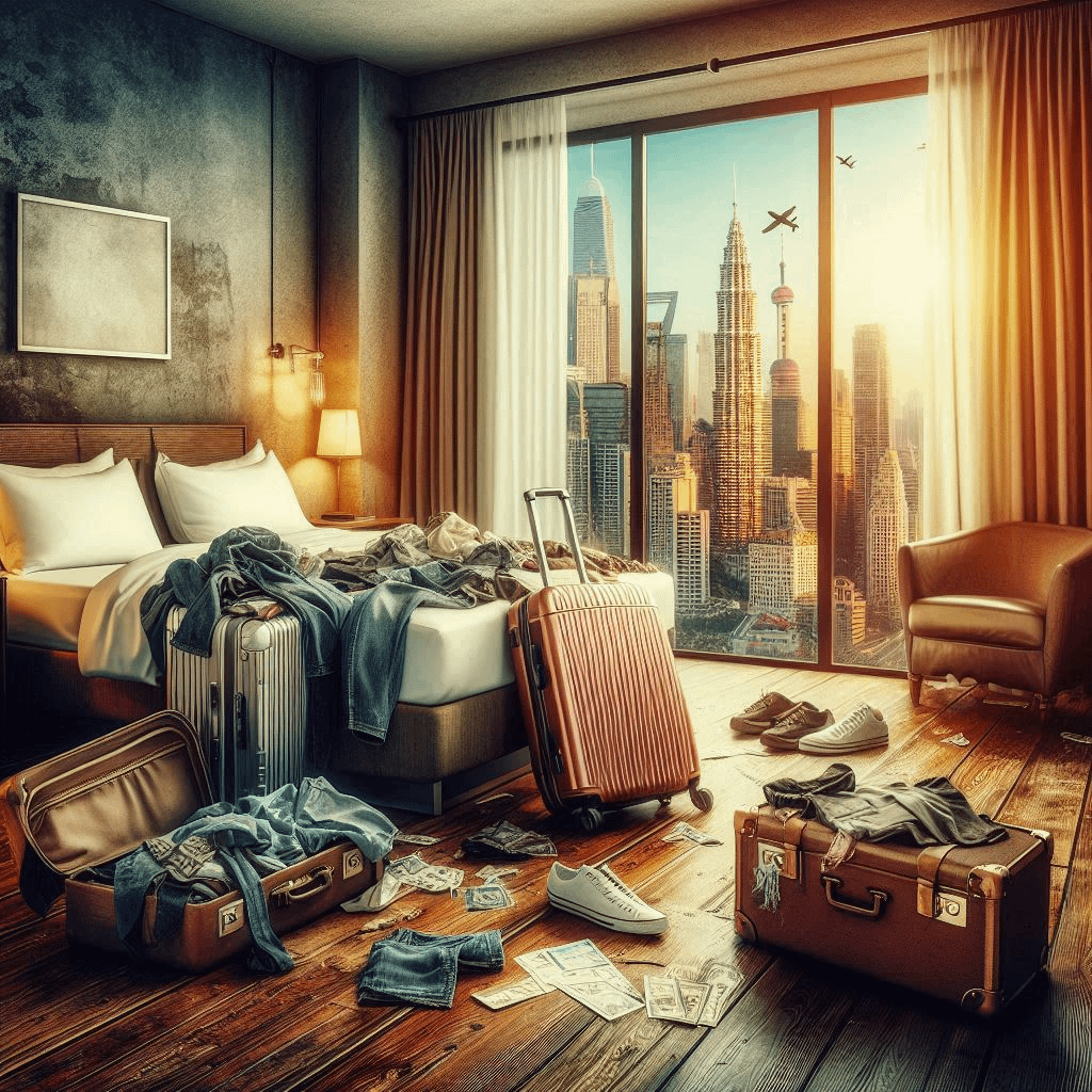 Carte postale représentant le signe du Gémeaux. Une chambre d'hôtel en désordre avec vue sur une ville.