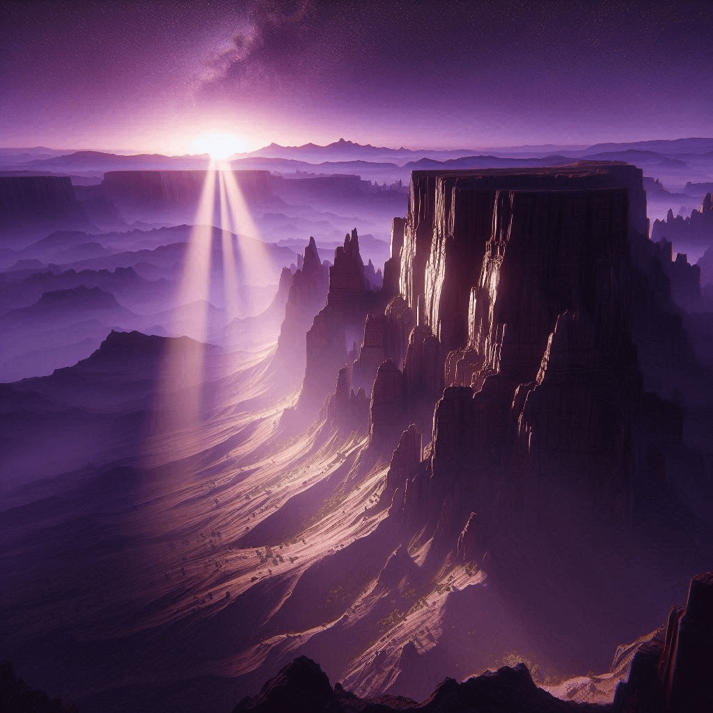 Vue sur des montagnes au coucher du soleil, dans les tons violet profond, symbolisant la révolution intérieure du Scorpion