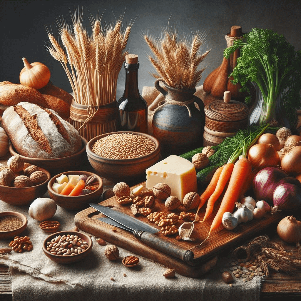 Une table avec des fruits, du fromage, du bon pain, pour représenter l'alimentation des signes de Terre