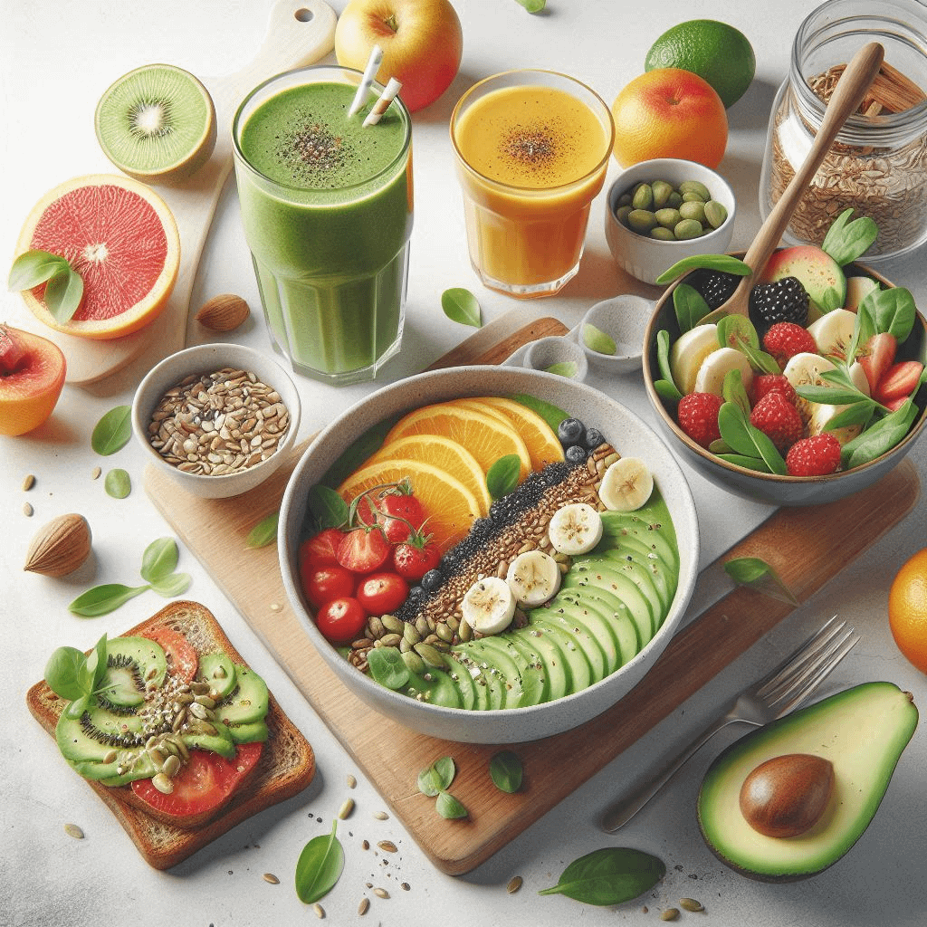 Une table avec des fruits, des smoothies, des bols frais et avocat pour représenter l'alimentation des signes d'Air