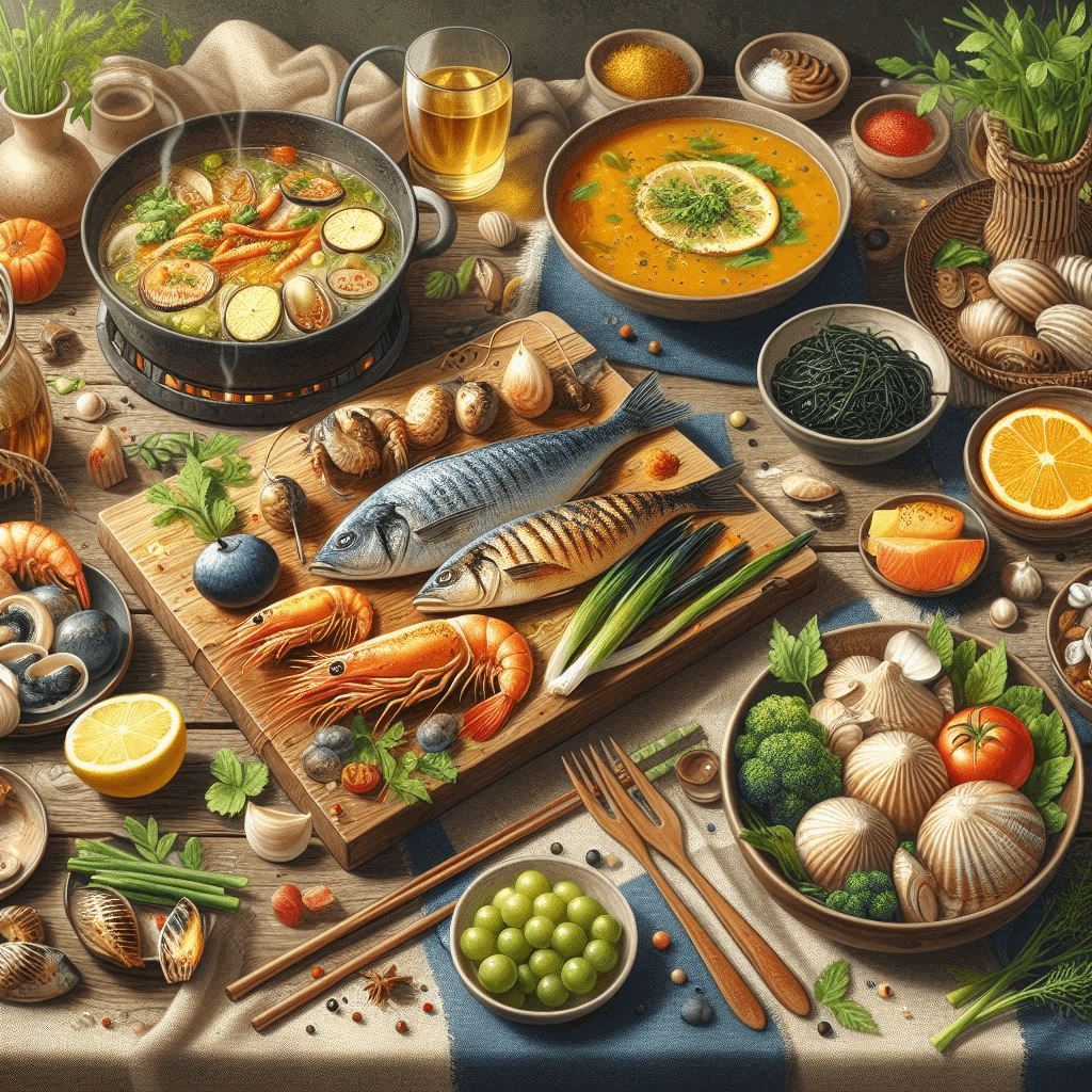 Une table avec du poisson, des fruits de mer, soupes, légumes, pour représenter l'alimentation des signes d'Eau