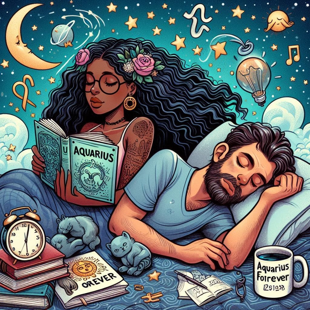 un homme dormant tasse de café à côté, et une femme lisant un livre sur les signes astrologiques, pour représenter l'article "ton signe en mode jours fériés"