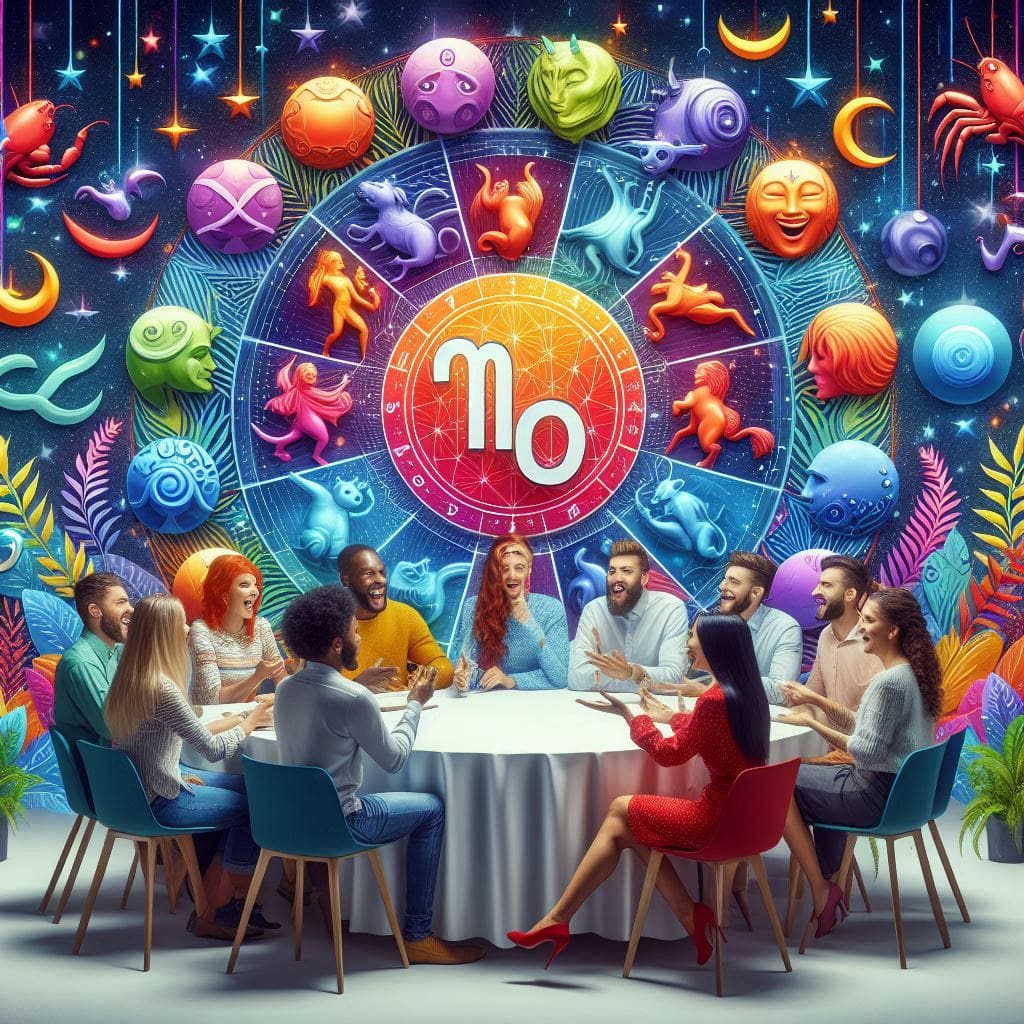 Image de personnes autour d'une table, roue astrologique en arrière plan, pour illustrer les signes astrologiques et leurs façon de socialiser pendant la saison des Gémeaux