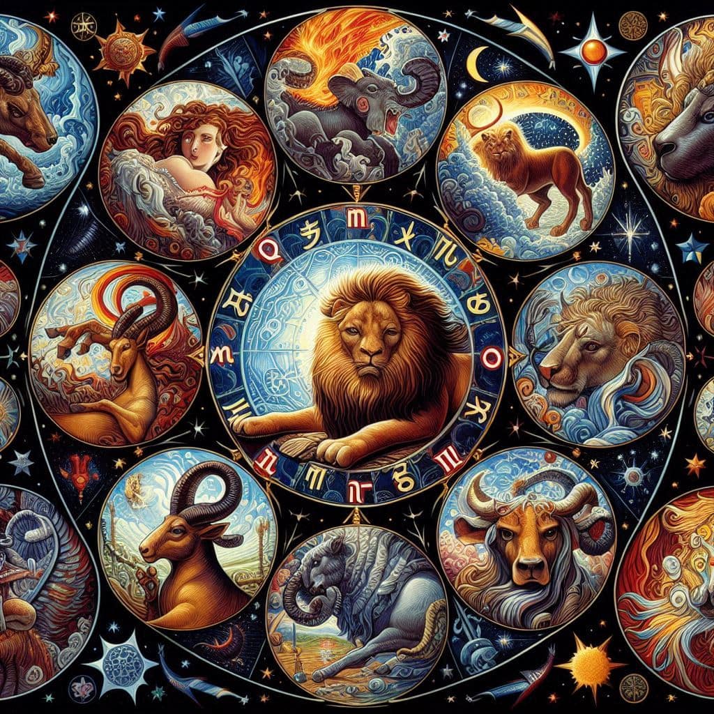 Roue astrologique, représentant le caractère de chaque signe du zodiaque
