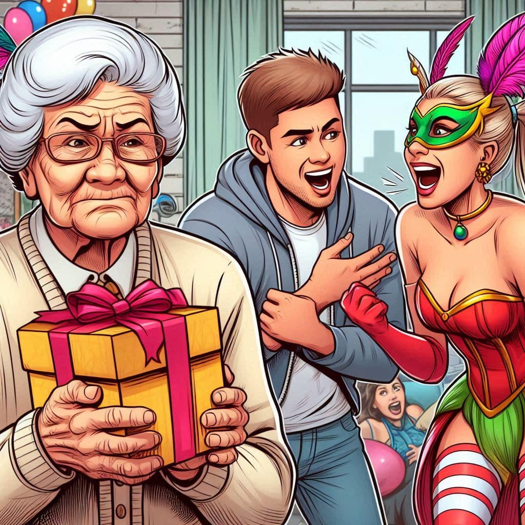 Image d'une mère avec un cadeau dans les mains, en arrière plan deux enfants adultes qui se chamaillent, l'une avec un déguisement de carnaval