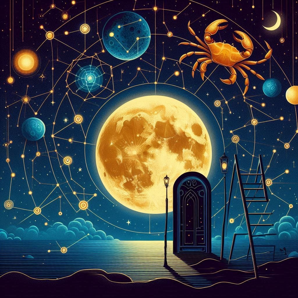 Ciel étoilé avec des constellations, une pleine lune dorée et des planètes. Illustrant les transits planétaires de juin.