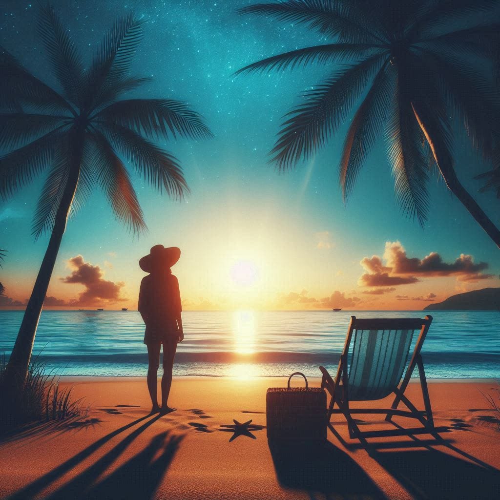 Ciel d'été, silhouette sur une plage qui regarde l'horizon