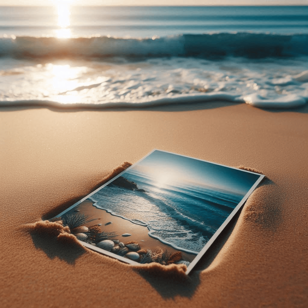 Une carte postale dans le sable d'une plage
