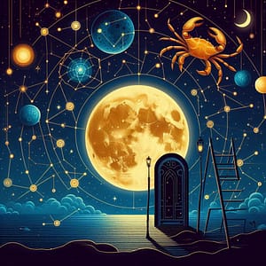 Ciel étoilé avec des constellations, une pleine lune dorée et des planètes. Illustrant les transits planétaires de juin.